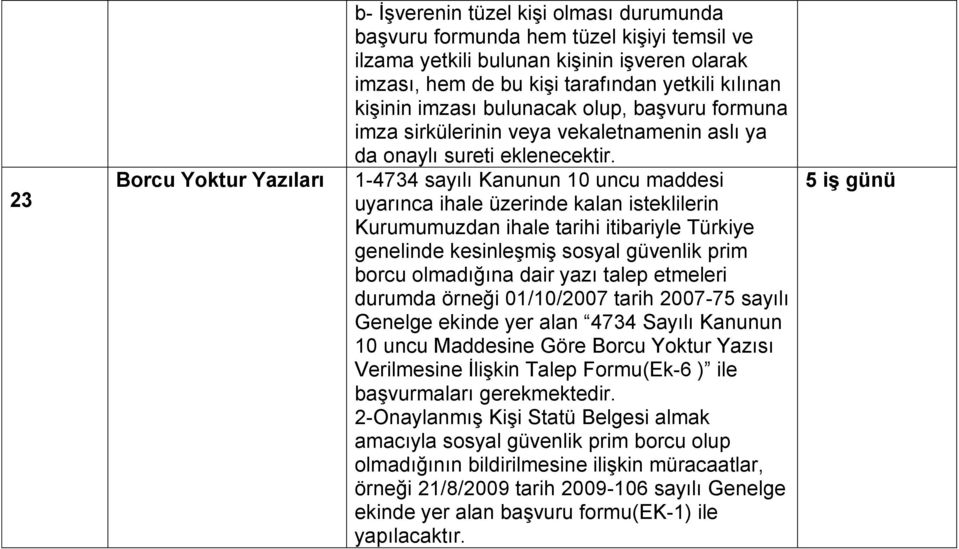 1-4734 sayılı Kanunun 10 uncu maddesi uyarınca ihale üzerinde kalan isteklilerin Kurumumuzdan ihale tarihi itibariyle Türkiye genelinde kesinleşmiş sosyal güvenlik prim borcu olmadığına dair yazı
