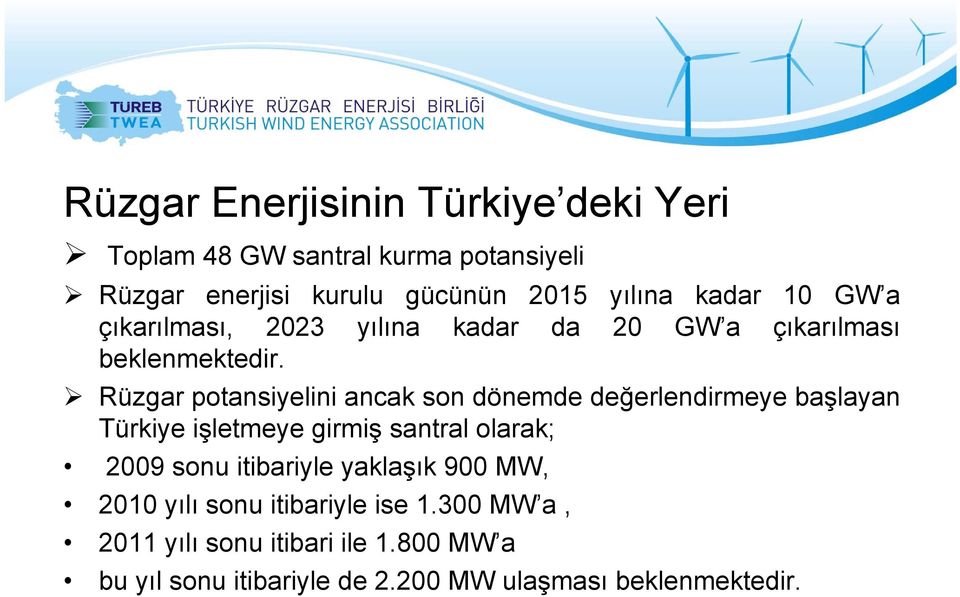 Rüzgar potansiyelini ancak son dönemde değerlendirmeye başlayan Türkiye işletmeye girmiş santral olarak; 2009 sonu