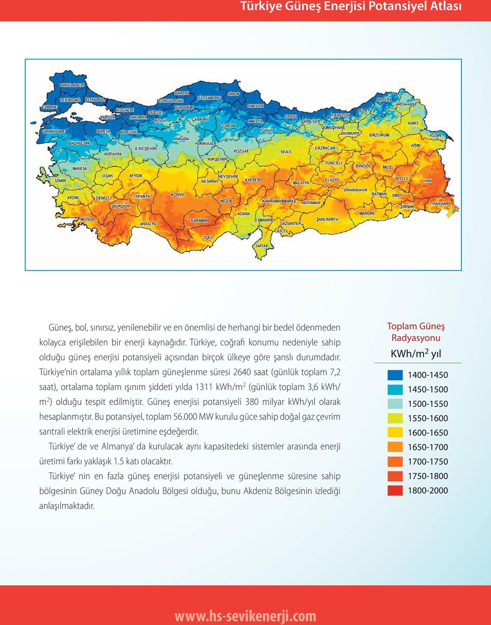 Türkiye nin ortalama yıllık toplam güneşlenme süresi 2640 saat (günlük toplam 7,2 saat), ortalama toplam ışınım şiddeti yılda 1311 kwh/m 2 (günlük toplam 3,6 kwh/ m 2 ) olduğu tespit edilmiştir.