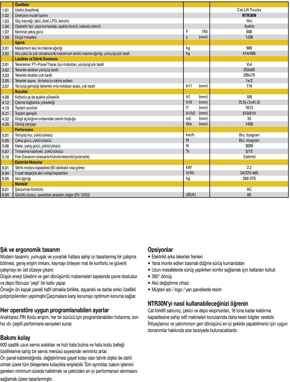 Ağırlık Maksimum akü ile makine ağırlığı Aks yükü ile yük olmaksızın& maksimum akülü makine ağırlığı, yürüyüş/yük tarafı Lastikler ve Tahrik Donanımı Tekerlekler: PT=Power Thane, Vul=Vulkollan,