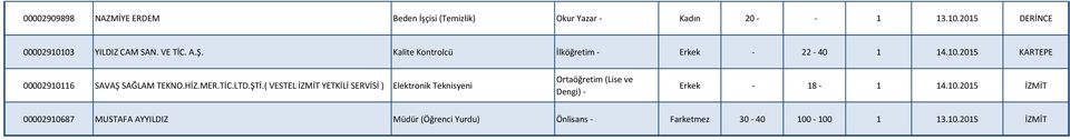 HİZ.MER.TİC.LTD.ŞTİ.( VESTEL İZMİT YETKİLİ SERVİSİ ) Elektronik Teknisyeni Erkek - 18-1 14.10.