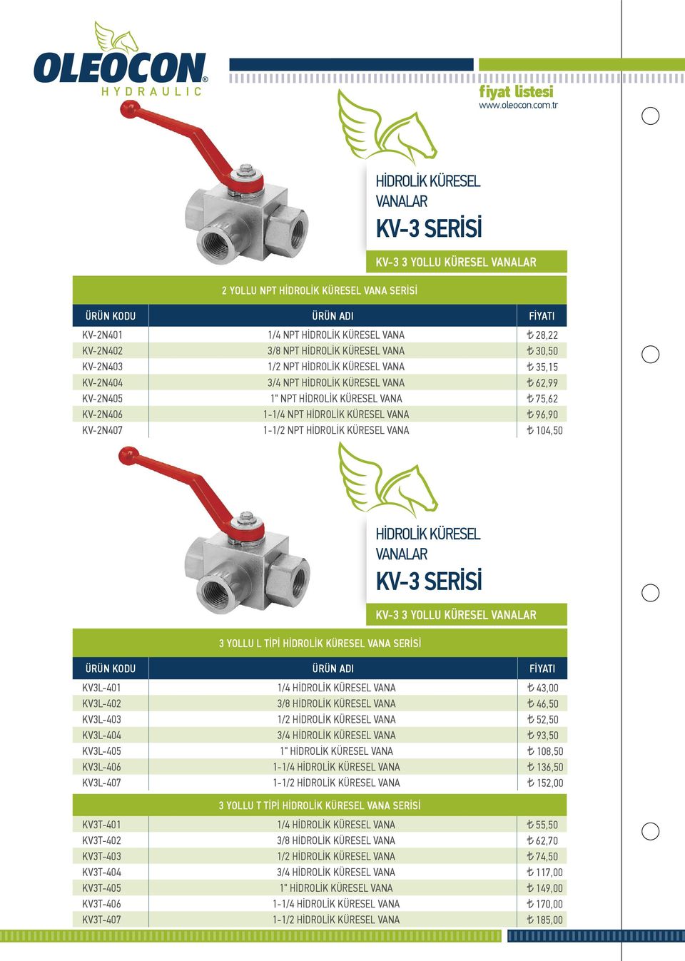 HİDROLİK KÜRESEL VANA 104,50 3 YOLLU L TİPİ HİDROLİK KÜRESEL VANA SERİSİ HİDROLİK KÜRESEL VANALAR KV-3 SERİSİ KV-3 3 YOLLU KÜRESEL VANALAR KV3L-401 1/4 HİDROLİK KÜRESEL VANA 43,00 KV3L-402 3/8