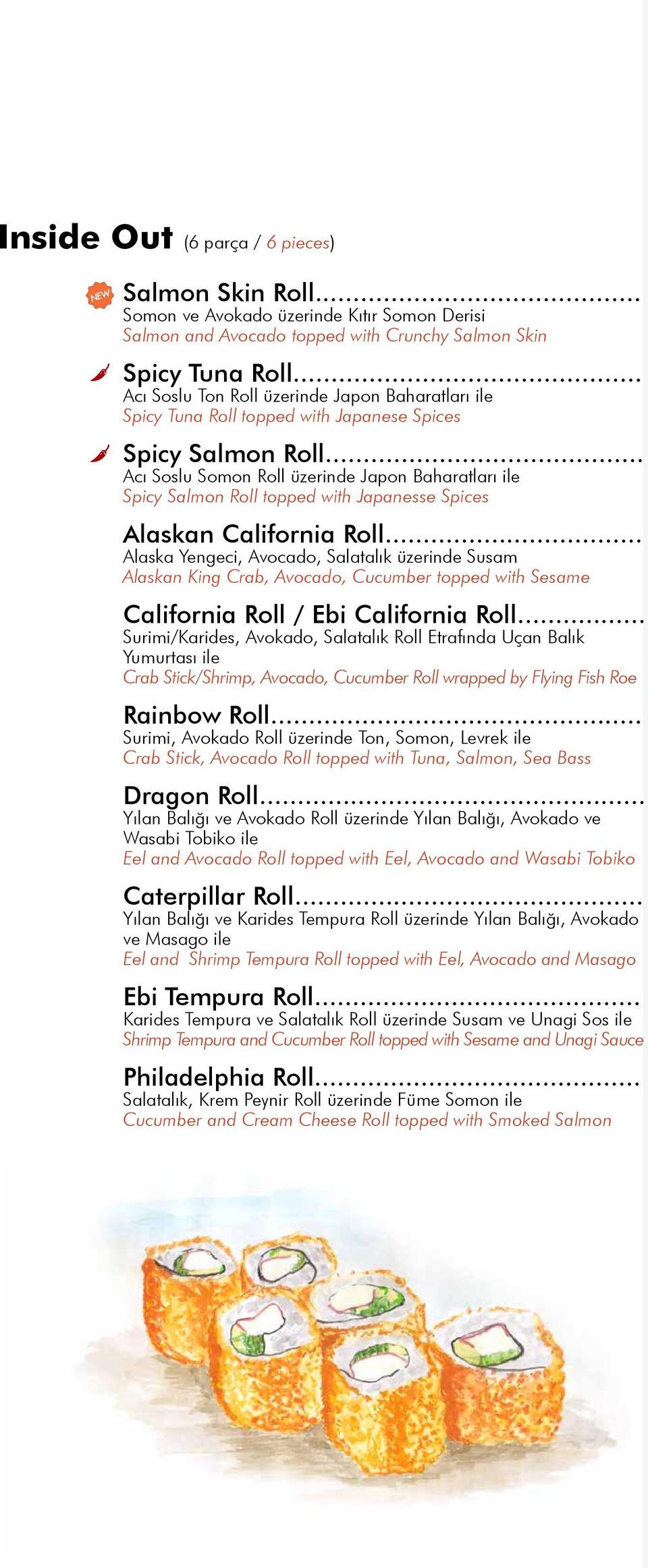 .. Acı Soslu Somon Roll üzerinde Japon Baharatları ile Spicy Salmon Roll topped with Japanesse Spices Alaskan California Roll.