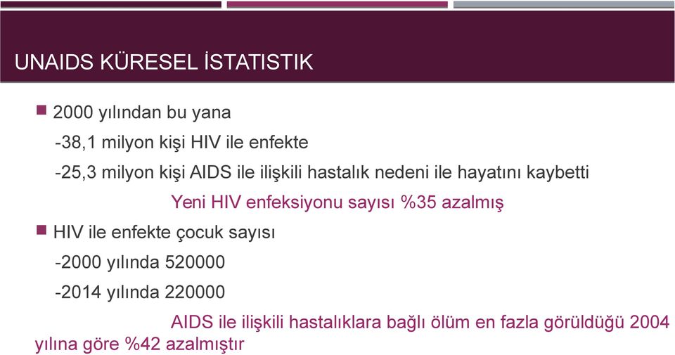 sayısı %35 azalmış HIV ile enfekte çocuk sayısı -2000 yılında 520000-2014 yılında 220000