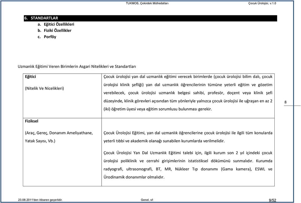 ) Çocuk ürolojisi yan dal uzmanlık eğitimi verecek birimlerde (çocuk ürolojisi bilim dalı, çocuk ürolojisi klinik şefliği) yan dal uzmanlık öğrencilerinin tümüne yeterli eğitim ve gözetim