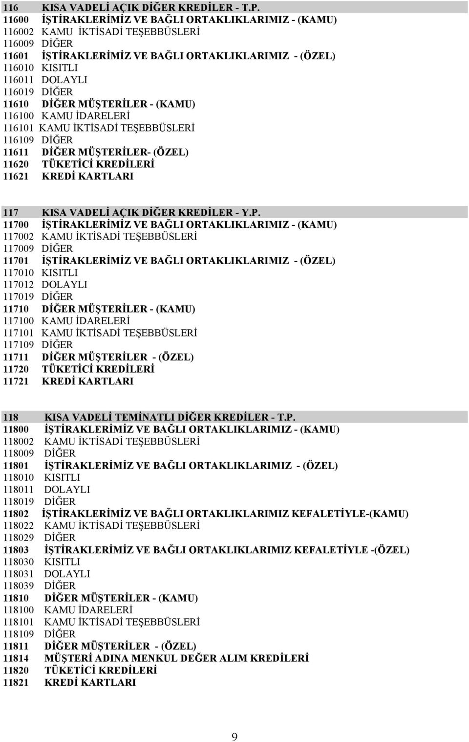 11610 DİĞER MÜŞTERİLER - (KAMU) 116100 KAMU İDARELERİ 116101 KAMU İKTİSADİ TEŞEBBÜSLERİ 116109 DİĞER 11611 DİĞER MÜŞTERİLER- (ÖZEL) 11620 TÜKETİCİ KREDİLERİ 11621 KREDİ KARTLARI 117 KISA VADELİ AÇIK