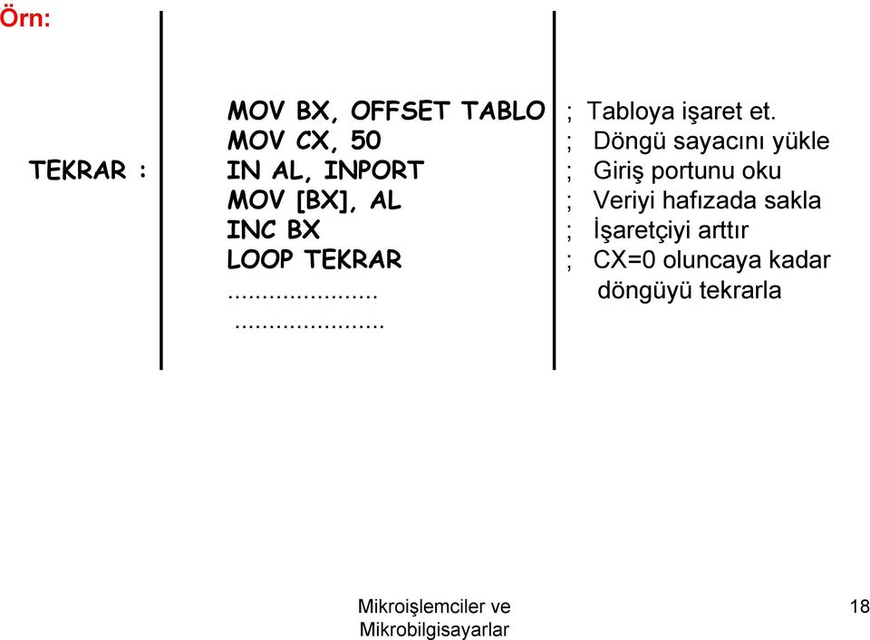 Giriş portunu oku MOV [BX], AL ; Veriyi hafızada sakla INC BX