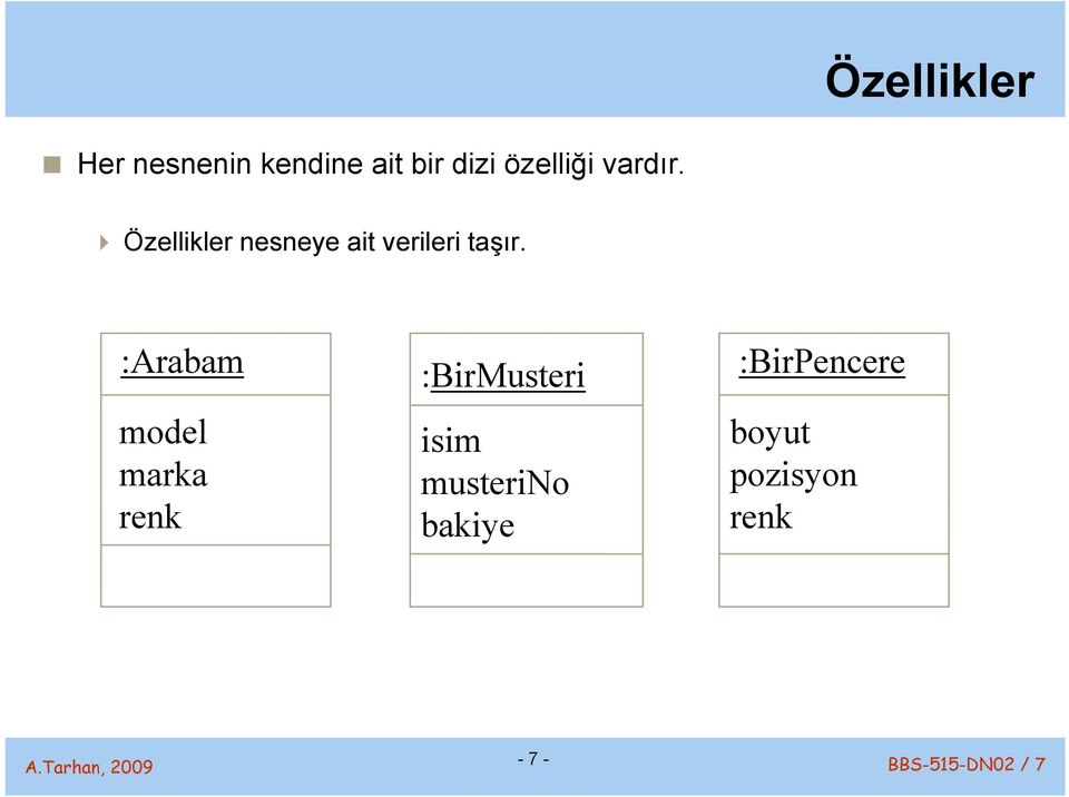 Özellikler nesneye ait verileri taşır.