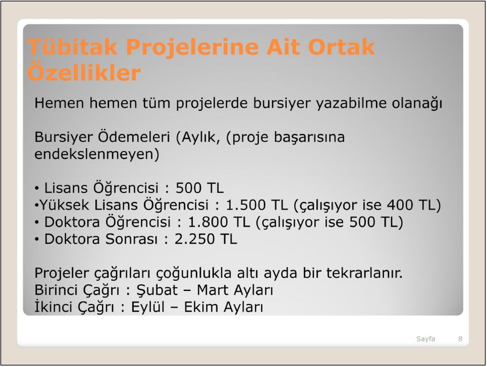 500 TL (çalışıyor ise 400 TL) Doktora Öğrencisi : 1.800 TL (çalışıyor ise 500 TL) Doktora Sonrası : 2.