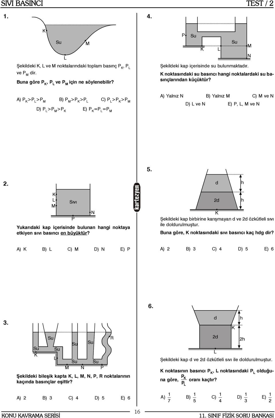 . d h M Sývý P ukarýdaki kap içerisinde bulunan hangi noktaya etkiyen sývý basýncý en büyüktür? N d Þekildeki kap birbirine karýþmayan d ve d özkütleli sývý ile doldurulmuþtur.