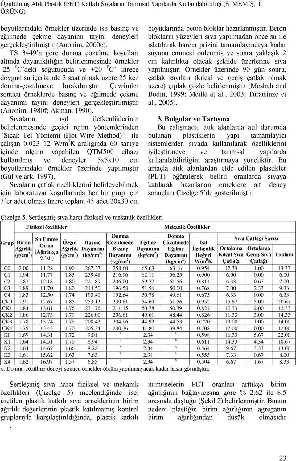 bırakılmıştır. Çevrimler sonucu örneklerde basınç ve eğilmede çekme dayanımı tayini deneyleri gerçekleştirilmiştir (Anonim, 1980f; Akman, 1990).