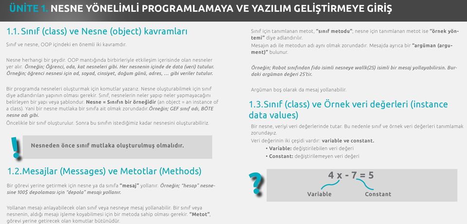 Örneğin; öğrenci nesnesi için ad, soyad, cinsiyet, doğum günü, adres, gibi veriler tutulur. Sınıf için tanımlanan metot, sınıf metodu ; nesne için tanımlanan metot ise örnek yöntemi diye adlandırılır.