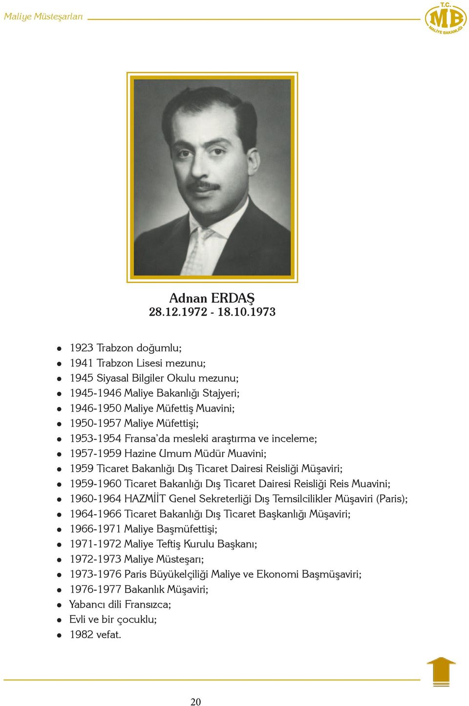 1953-1954 Fransa da mesleki araştırma ve inceleme; 1957-1959 Hazine Umum Müdür Muavini; 1959 Ticaret Bakanlığı Dış Ticaret Dairesi Reisliği Müşaviri; 1959-1960 Ticaret Bakanlığı Dış Ticaret Dairesi