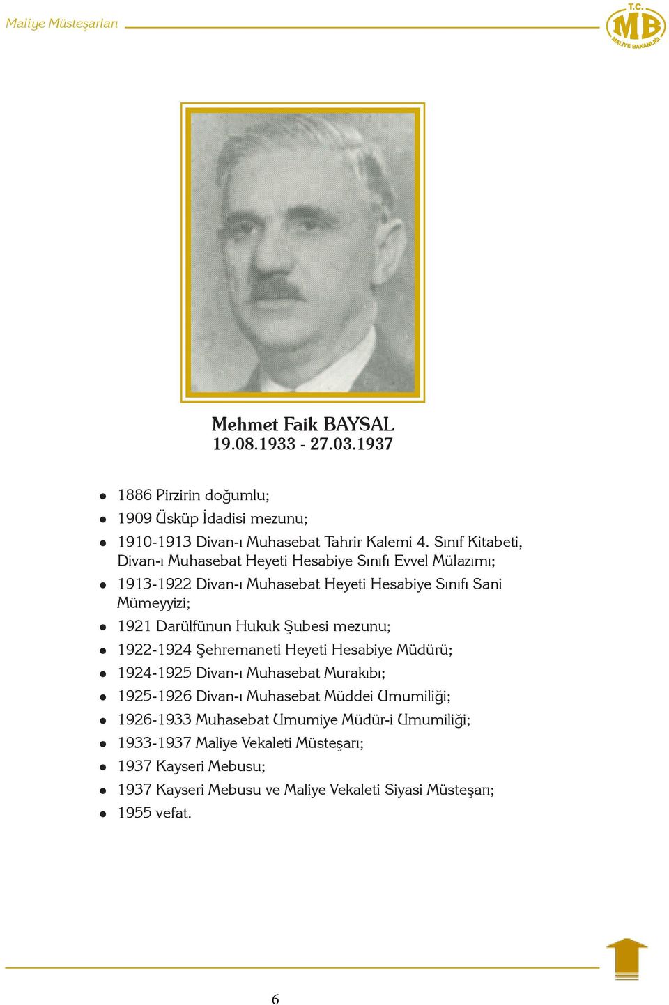 Hukuk Şubesi mezunu; 1922-1924 Şehremaneti Heyeti Hesabiye Müdürü; 1924-1925 Divan-ı Muhasebat Murakıbı; 1925-1926 Divan-ı Muhasebat Müddei Umumiliği;