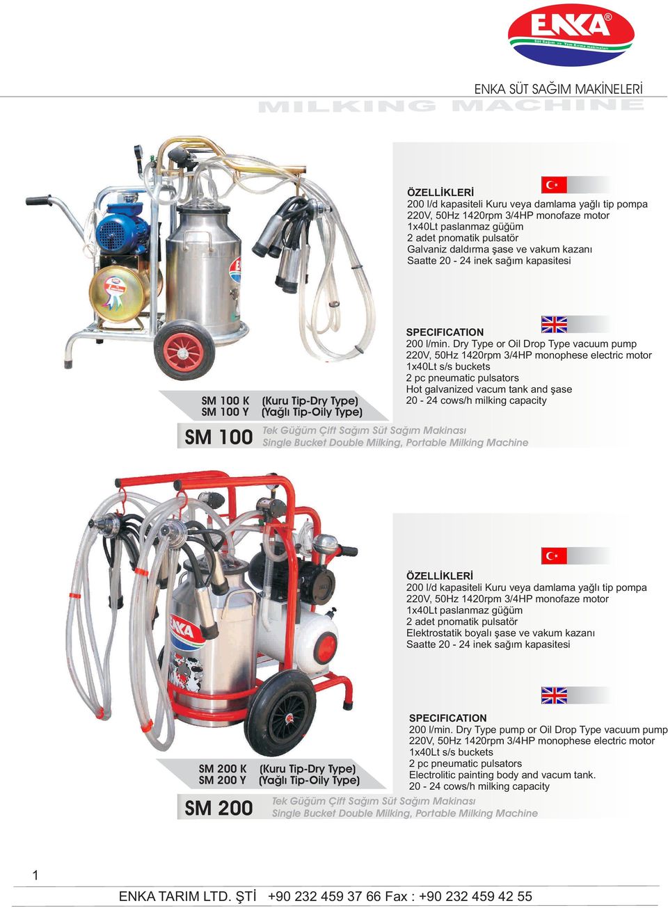 Bucket Double Milking, Portable Milking Machine 1x40Lt paslanmaz güğüm ve vakum kazanı SM 200 K SM 200 Y SM 200 200 l/min.