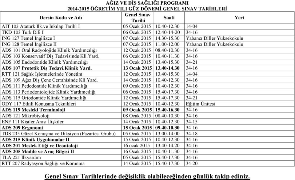 30 34-16 ADS 105 Endodontide Klinik Yardımcılığı 14 Ocak 2015 13.40-15.30 34-21 ADS 107 Protetik Diş Tedavi.Klinik Yard. 13 Ocak 2015 13.40-14.