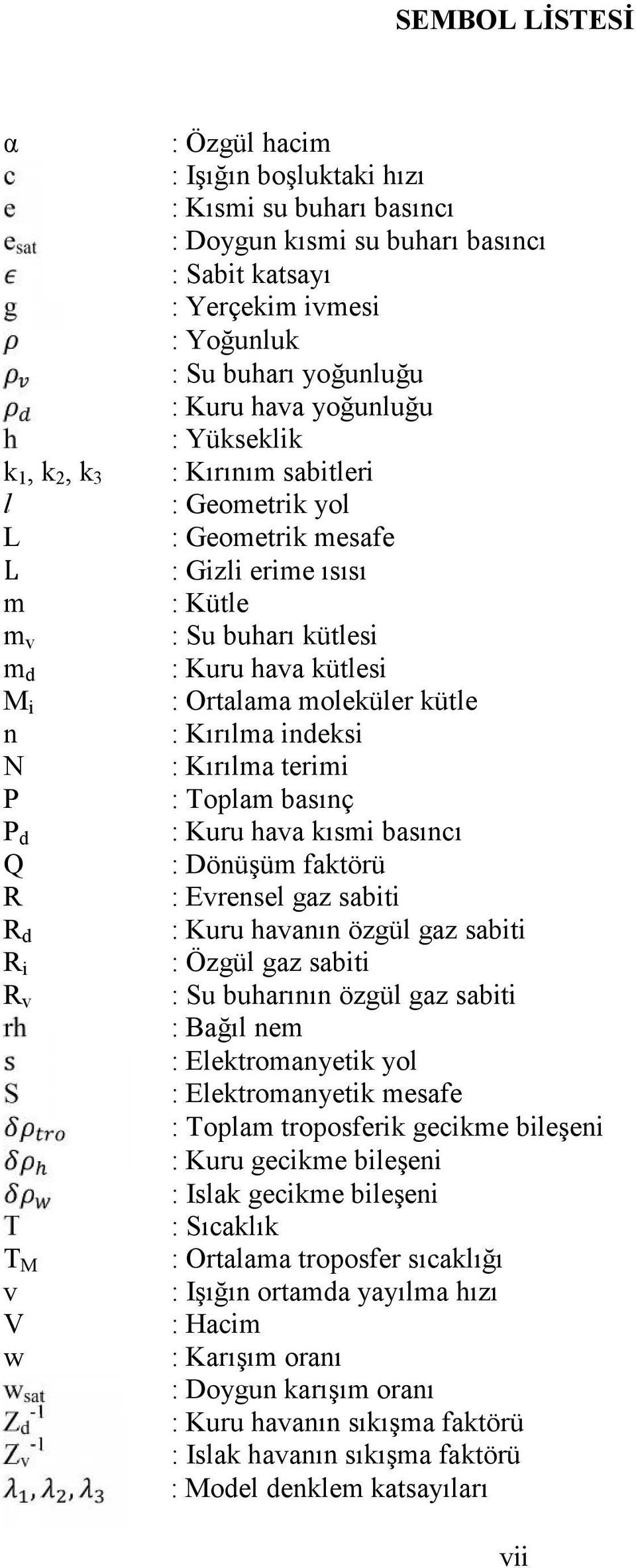 : Su buharı kütlesi : Kuru hava kütlesi : Ortalama moleküler kütle : Kırılma indeksi : Kırılma terimi : Toplam basınç : Kuru hava kısmi basıncı : Dönüşüm faktörü : Evrensel gaz sabiti : Kuru havanın