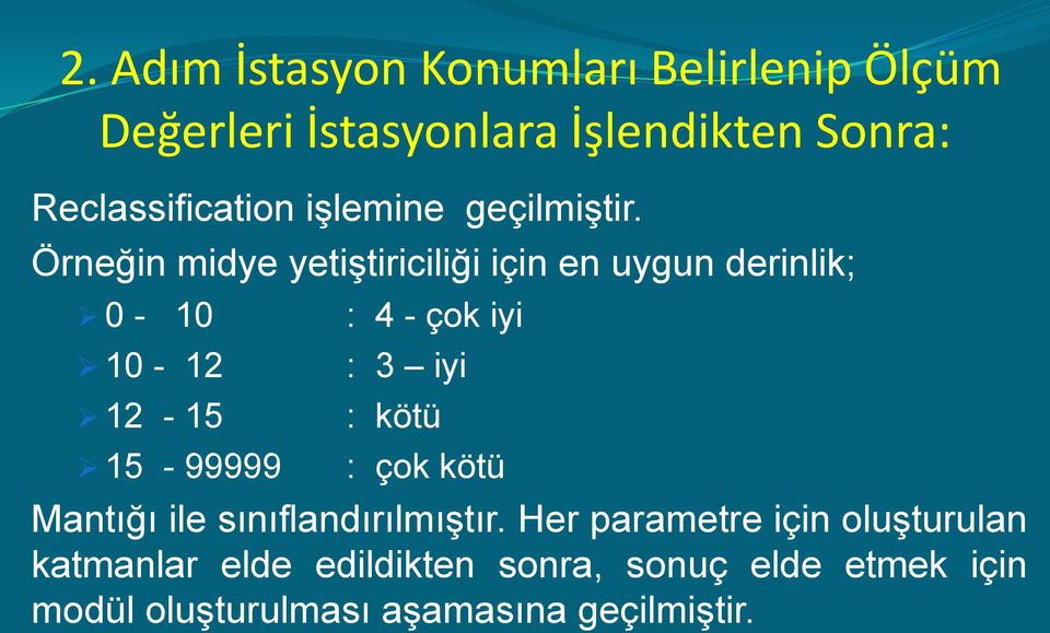 Örneğin midye yetiştiriciliği için en uygun derinlik; 0-10 10-12 12-15 15-99999 : 4 - çok iyi : 3 iyi