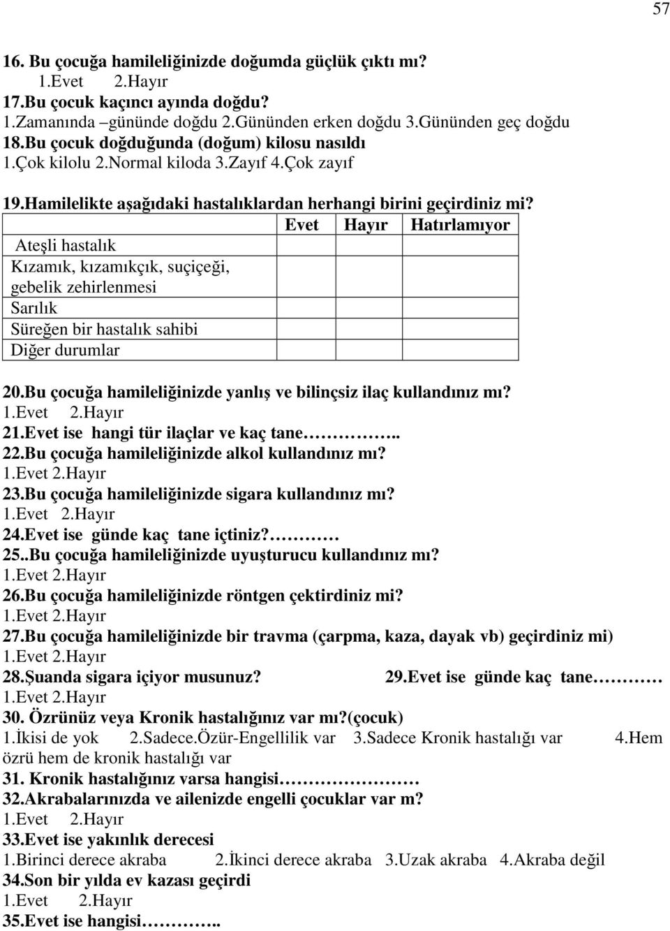 Evet Hayır Hatırlamıyor Ateşli hastalık Kızamık, kızamıkçık, suçiçeği, gebelik zehirlenmesi Sarılık Süreğen bir hastalık sahibi Diğer durumlar 20.