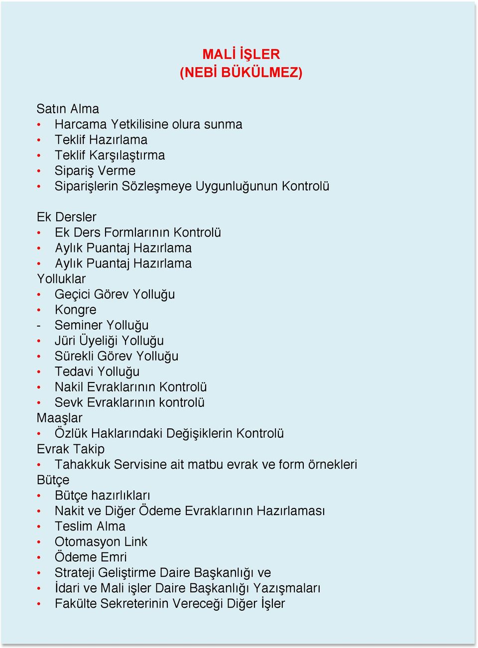 Evraklarının Kontrolü Sevk Evraklarının kontrolü Maaşlar Özlük Haklarındaki Değişiklerin Kontrolü Evrak Takip Tahakkuk Servisine ait matbu evrak ve form örnekleri Bütçe Bütçe hazırlıkları Nakit