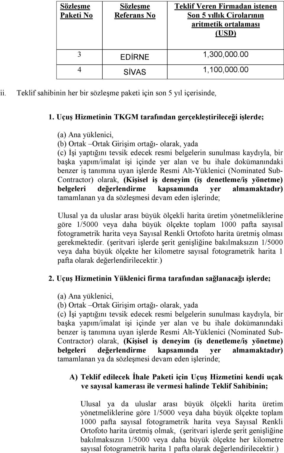 Uçuş Hizmetinin TKGM tarafından gerçekleştirileceği işlerde; (a) Ana yüklenici, (b) Ortak Ortak Girişim ortağı- olarak, yada (c) İşi yaptığını tevsik edecek resmi belgelerin sunulması kaydıyla, bir