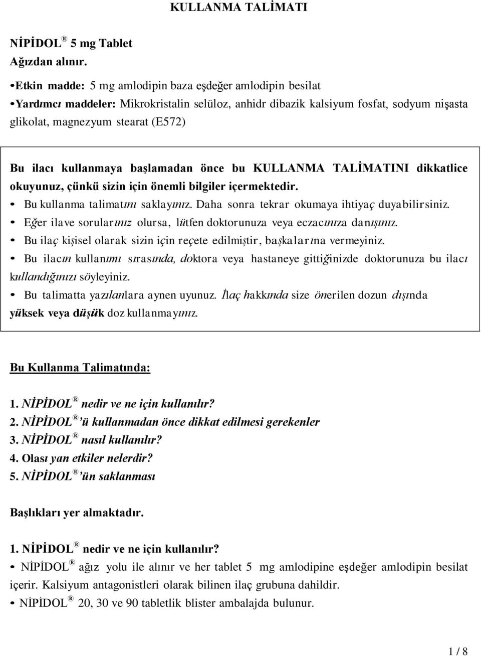 KULLANMA TALİMATI NİPİDOL - PDF Free Download