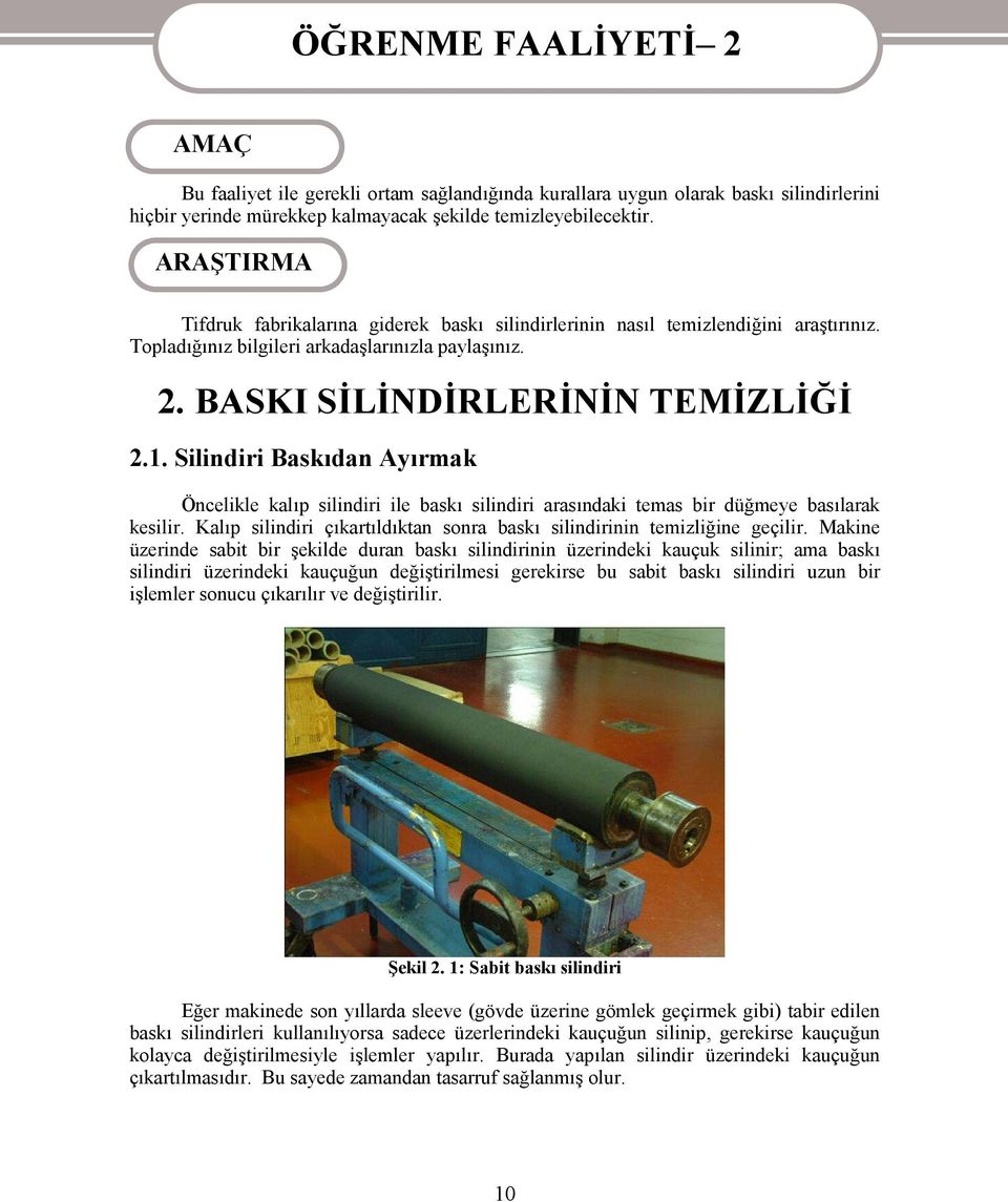 Silindiri Baskıdan Ayırmak Öncelikle kalıp silindiri ile baskı silindiri arasındaki temas bir düğmeye basılarak kesilir. Kalıp silindiri çıkartıldıktan sonra baskı silindirinin temizliğine geçilir.