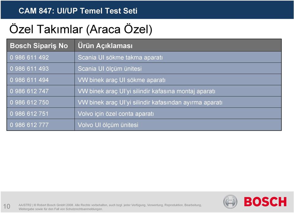 747 VW binek araç UI yi silindir kafasına montaj aparatı 0 986 612 750 VW binek araç UI yi silindir