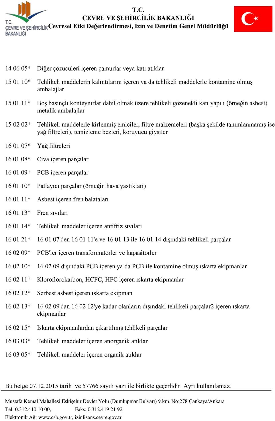 ise yağ filtreleri), temizleme bezleri, koruyucu giysiler 16 01 07* Yağ filtreleri 16 01 08* Cıva içeren parçalar 16 01 09* PCB içeren parçalar 16 01 10* Patlayıcı parçalar (örneğin hava yastıkları)