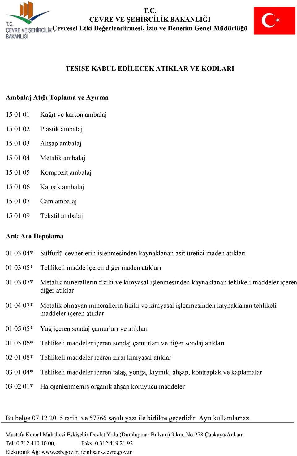 Tehlikeli madde içeren diğer maden atıkları 01 03 07* Metalik minerallerin fiziki ve kimyasal işlenmesinden kaynaklanan tehlikeli maddeler içeren diğer atıklar 01 04 07* Metalik olmayan minerallerin