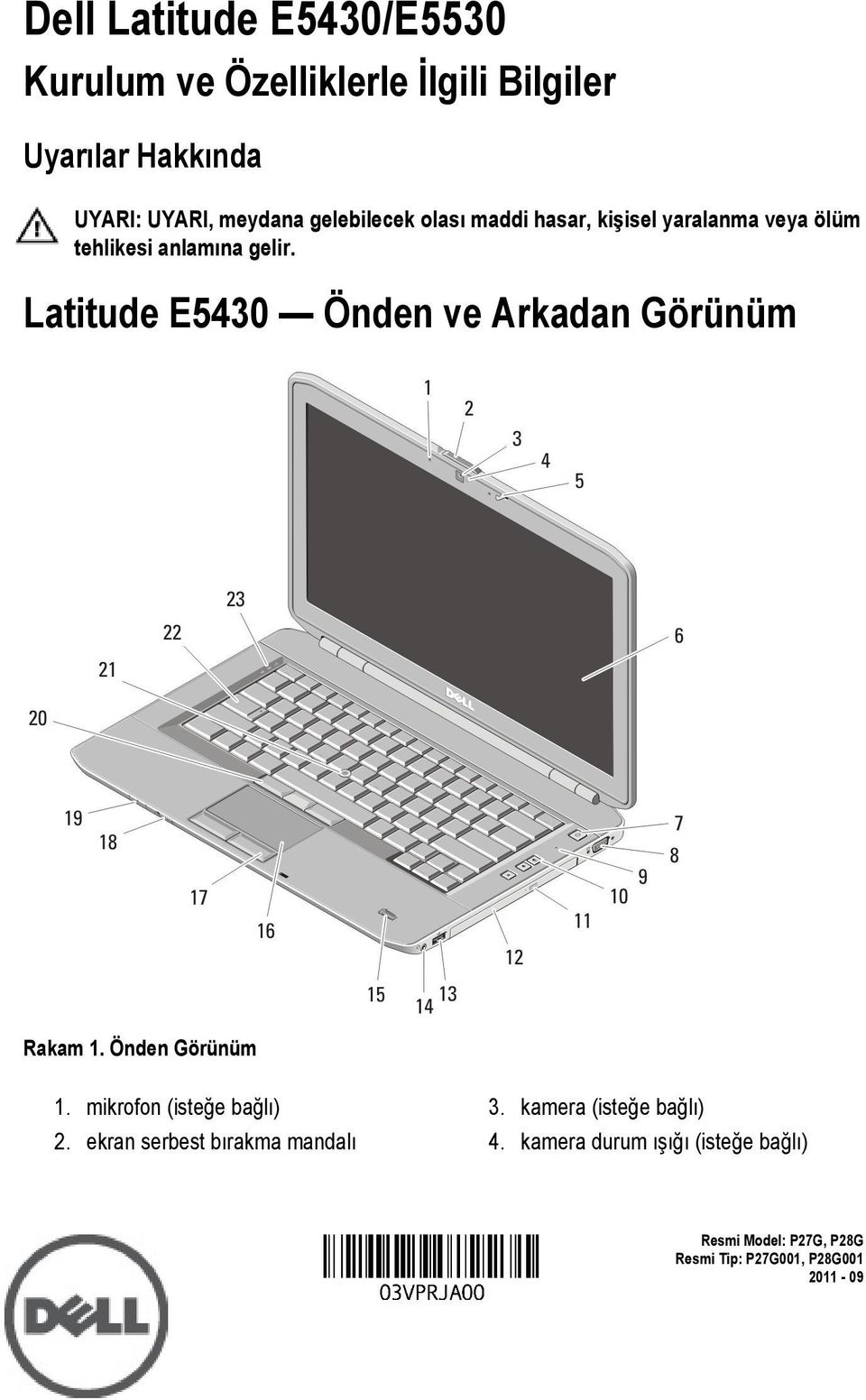 Latitude E5430 Önden ve Arkadan Görünüm Rakam 1. Önden Görünüm 1. mikrofon (isteğe bağlı) 2.