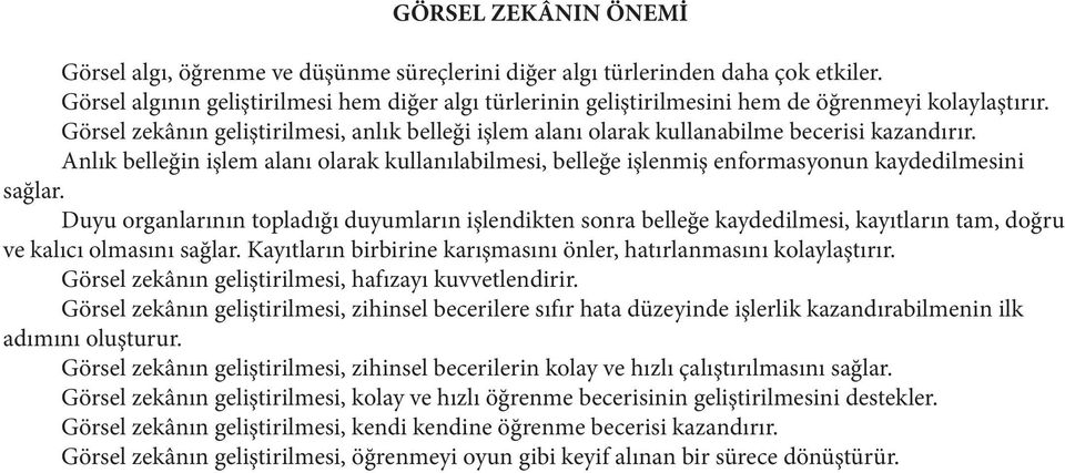 Görsel zekânın geliştirilmesi, anlık belleği işlem alanı olarak kullanabilme becerisi kazandırır.