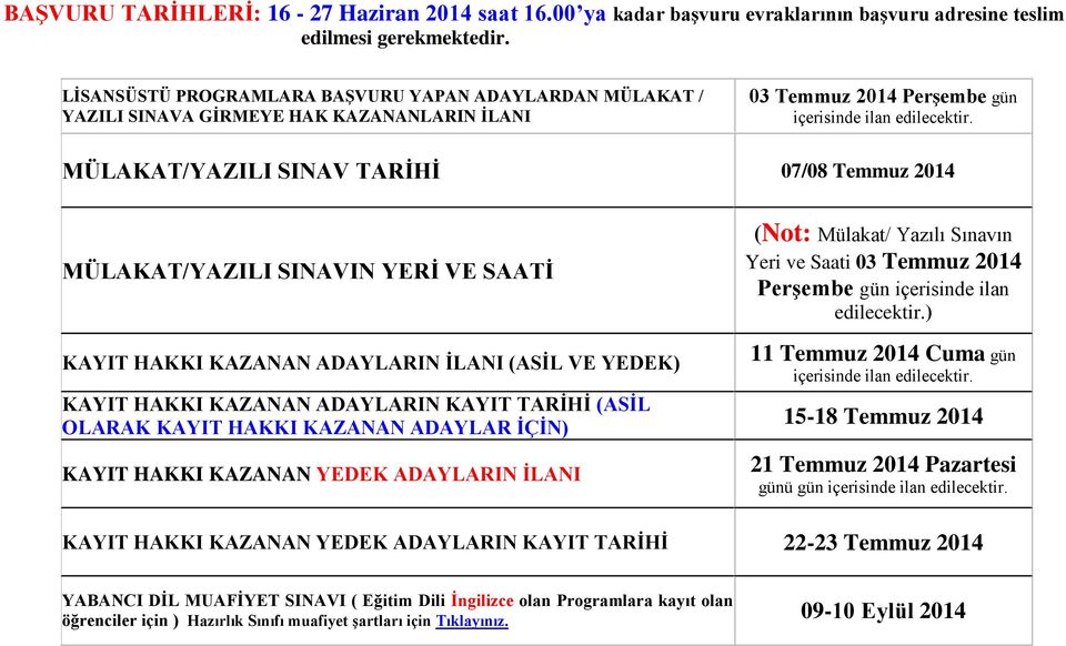 MÜLAKAT/YAZILI SINAV TARİHİ 07/08 Temmuz 2014 MÜLAKAT/YAZILI SINAVIN YERİ VE SAATİ KAYIT HAKKI KAZANAN ADAYLARIN İLANI (ASİL VE YEDEK) KAYIT HAKKI KAZANAN ADAYLARIN KAYIT TARİHİ (ASİL OLARAK KAYIT