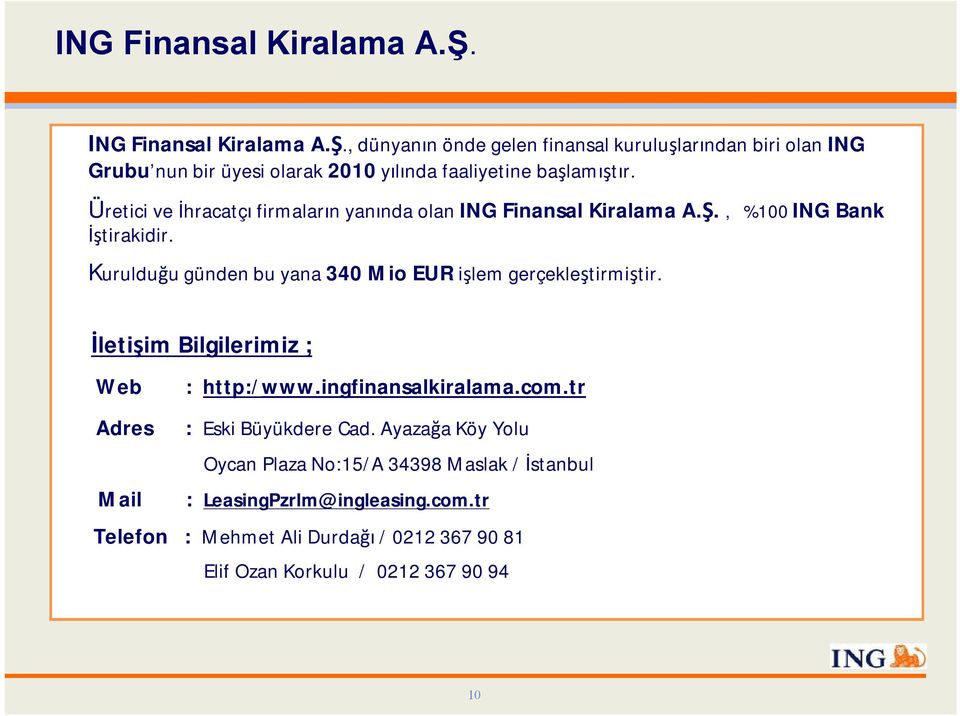 Kurulduğu günden bu yana 340 MioEUR işlem gerçekleştirmiştir. İletişim Bilgilerimiz ; Web : http:/www.ingfinansalkiralama.com.