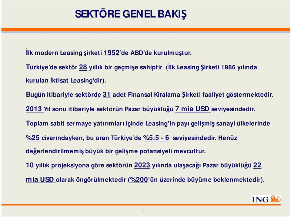 Bugün itibariyle sektörde 31 adet Finansal Kiralama Şirketi faaliyet göstermektedir. 2013 Yıl sonu itibariyle sektörün Pazar büyüklüğü 7 mia USD seviyesindedir.