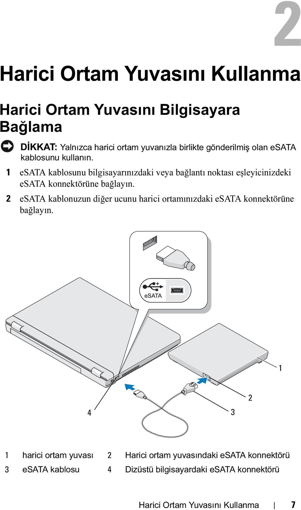 1 esata kablosunu bilgisayarınızdaki veya bağlantı noktası eşleyicinizdeki esata konnektörüne bağlayın.