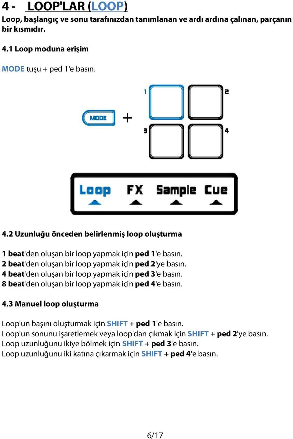 2 beat'den oluşan bir loop yapmak için ped 2'ye basın. 4 beat'den oluşan bir loop yapmak için ped 3'e basın. 8 beat'den oluşan bir loop yapmak için ped 4'e basın. 4.3 Manuel loop oluşturma Loop'un başını oluşturmak için SHIFT + ped 1'e basın.