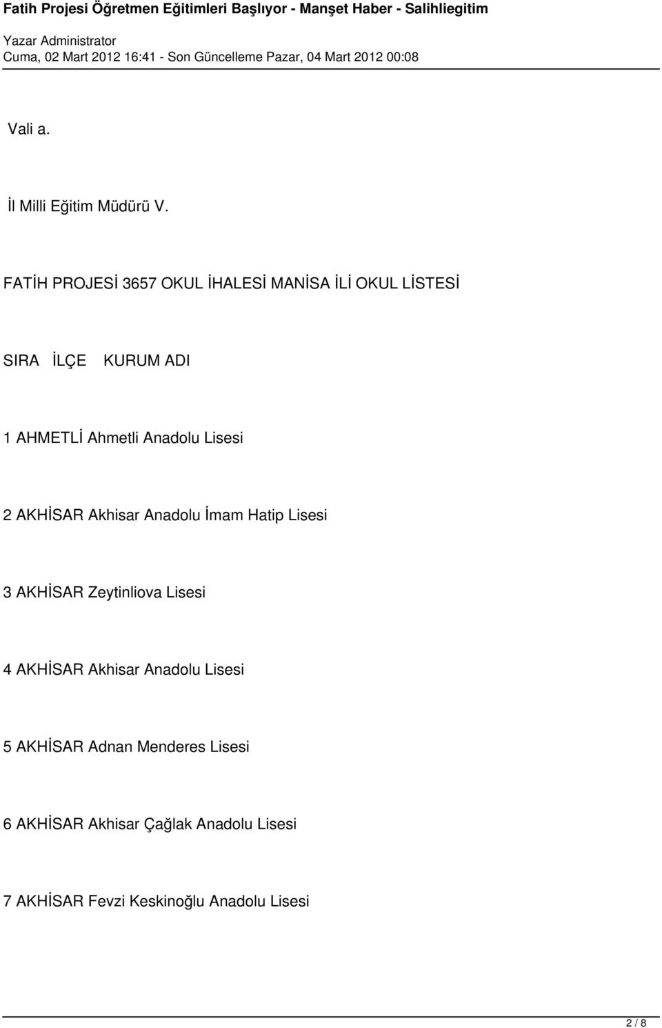 Ahmetli Anadolu Lisesi 2 AKHİSAR Akhisar Anadolu İmam Hatip Lisesi 3 AKHİSAR Zeytinliova