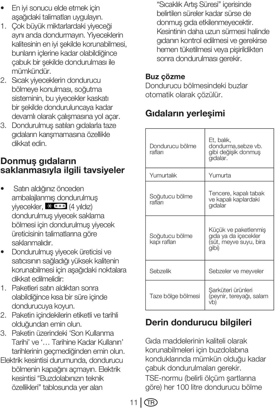 Sıcak yiyeceklerin dondurucu bölmeye konulması, soğutma sisteminin, bu yiyecekler kaskatı bir şekilde donduruluncaya kadar devamlı olarak çalışmasına yol açar. 3.