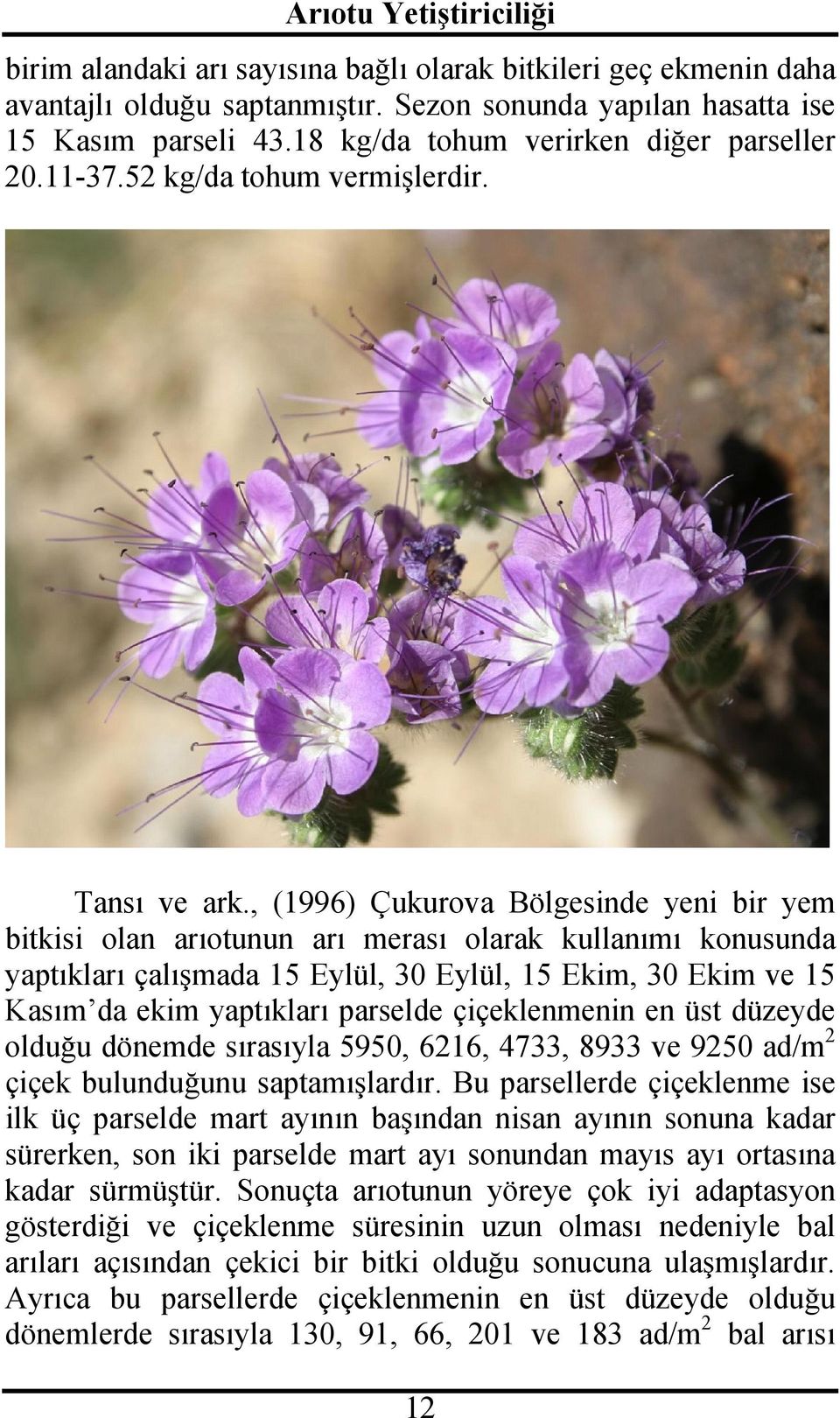 , (1996) Çukurova Bölgesinde yeni bir yem bitkisi olan arıotunun arı merası olarak kullanımı konusunda yaptıkları çalışmada 15 Eylül, 30 Eylül, 15 Ekim, 30 Ekim ve 15 Kasım da ekim yaptıkları