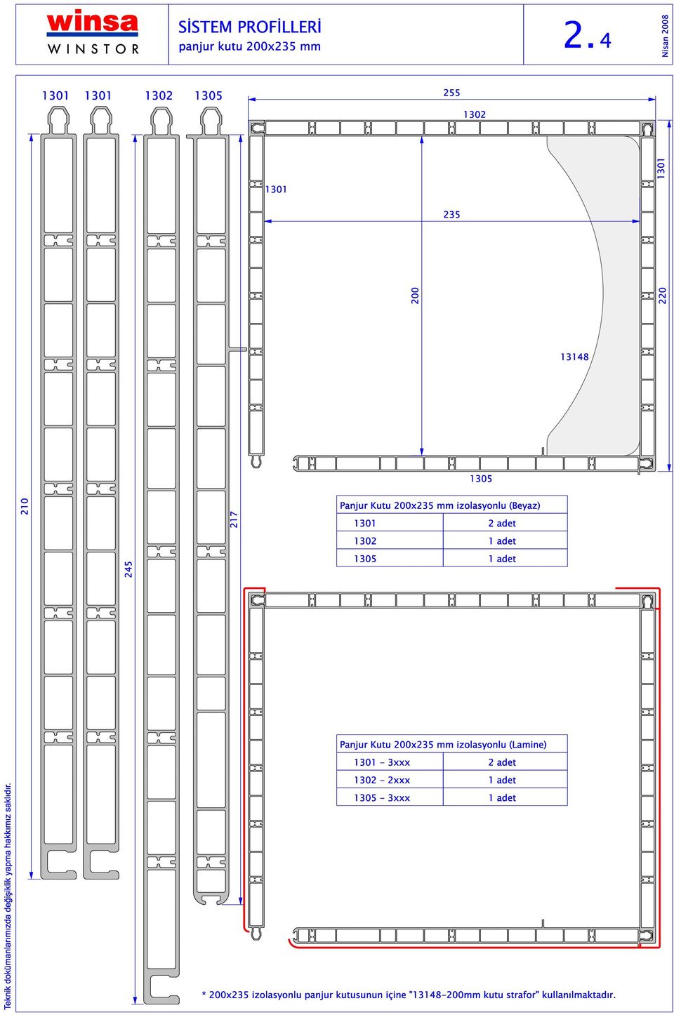 (Beyaz) 0 adet 0 adet 45 05 adet Panjur Kutu 00x5 mm izolasyonlu (Lamine)