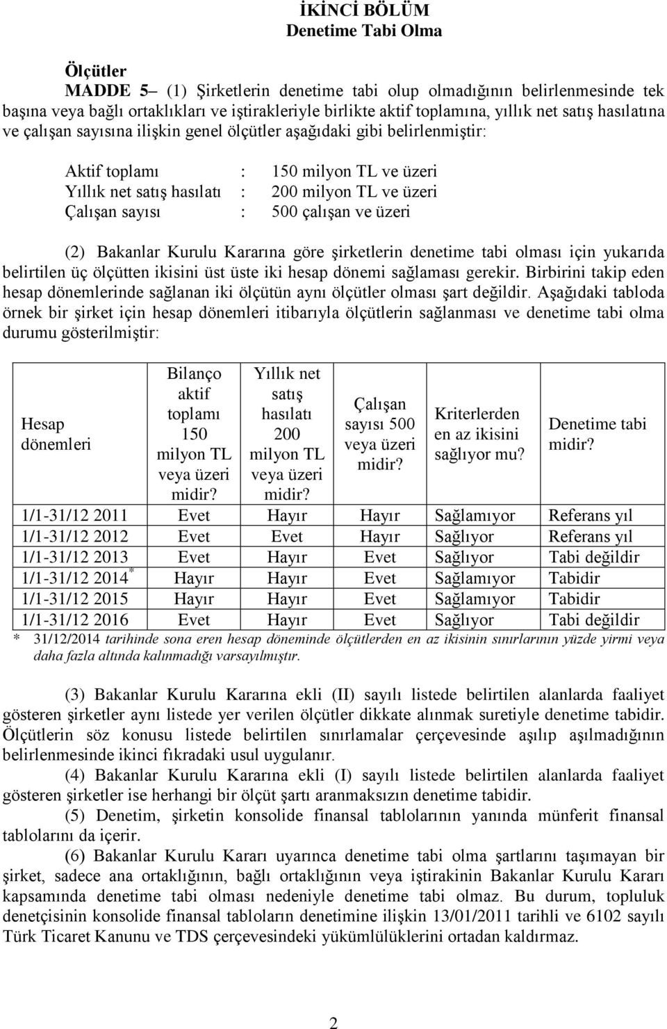 üzeri (2) Bakanlar Kurulu Kararına göre şirketlerin denetime tabi olması için yukarıda belirtilen üç ölçütten ikisini üst üste iki hesap dönemi sağlaması gerekir.