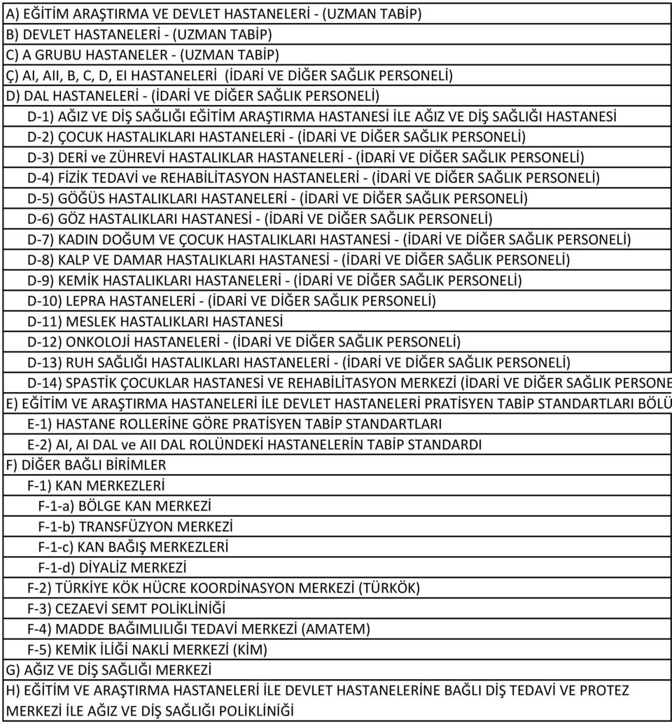 DİĞER SAĞLIK PERSONELİ) D-3) DERİ ve ZÜHREVİ HASTALIKLAR HASTANELERİ - (İDARİ VE DİĞER SAĞLIK PERSONELİ) D-4) FİZİK TEDAVİ ve REHABİLİTASYON HASTANELERİ - (İDARİ VE DİĞER SAĞLIK PERSONELİ) D-5) GÖĞÜS