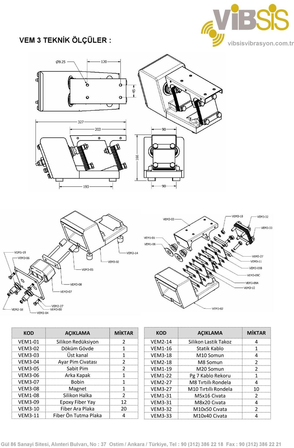 Plaka 4 KOD AÇIKLAMA MİKTAR VEM2-14 Silikon Lastik Takoz 4 VEM1-16 Statik Kablo 1 VEM3-18 M10 Somun 4 VEM2-18 M8 Somun 2 VEM1-19 M20 Somun 2 VEM1-22 Pg 7 Kablo