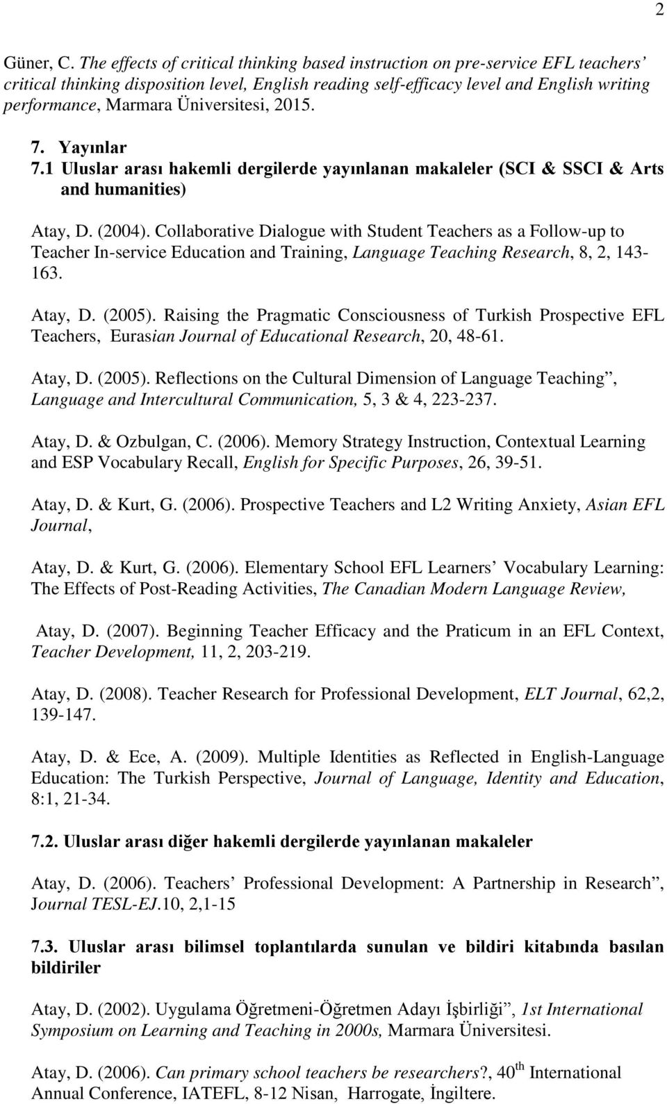 Üniversitesi, 2015. 7. Yayınlar 7.1 Uluslar arası hakemli dergilerde yayınlanan makaleler (SCI & SSCI & Arts and humanities) Atay, D. (2004).