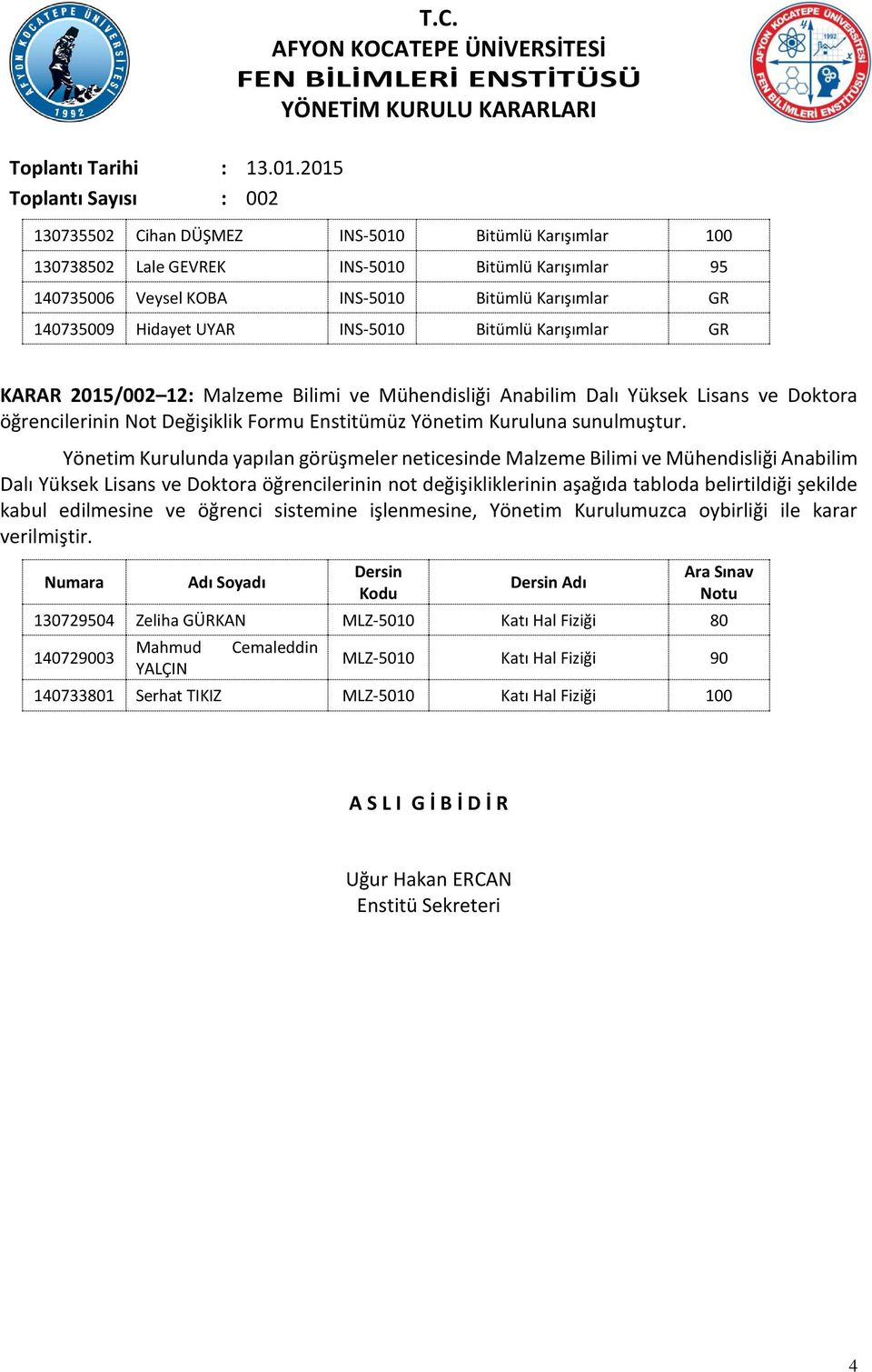 Bitümlü Karışımlar GR KARAR 2015/002 12: Malzeme Bilimi ve Mühendisliği Anabilim Dalı ve Doktora öğrencilerinin Not Değişiklik Formu Enstitümüz Yönetim Kuruluna sunulmuştur.