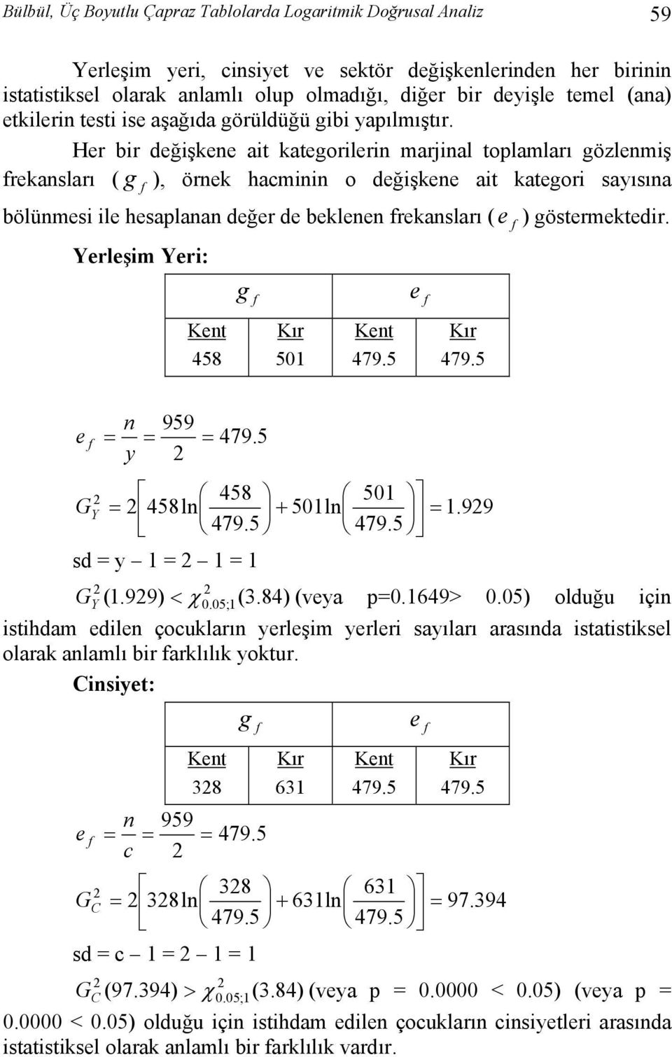 Her br değşene at ategorlern marnal toplamları gözlenmş freansları ( g f, örne hacmnn o değşene at ategor sayısına bölünmes le hesaplanan değer de belenen freansları ( e göstermetedr.