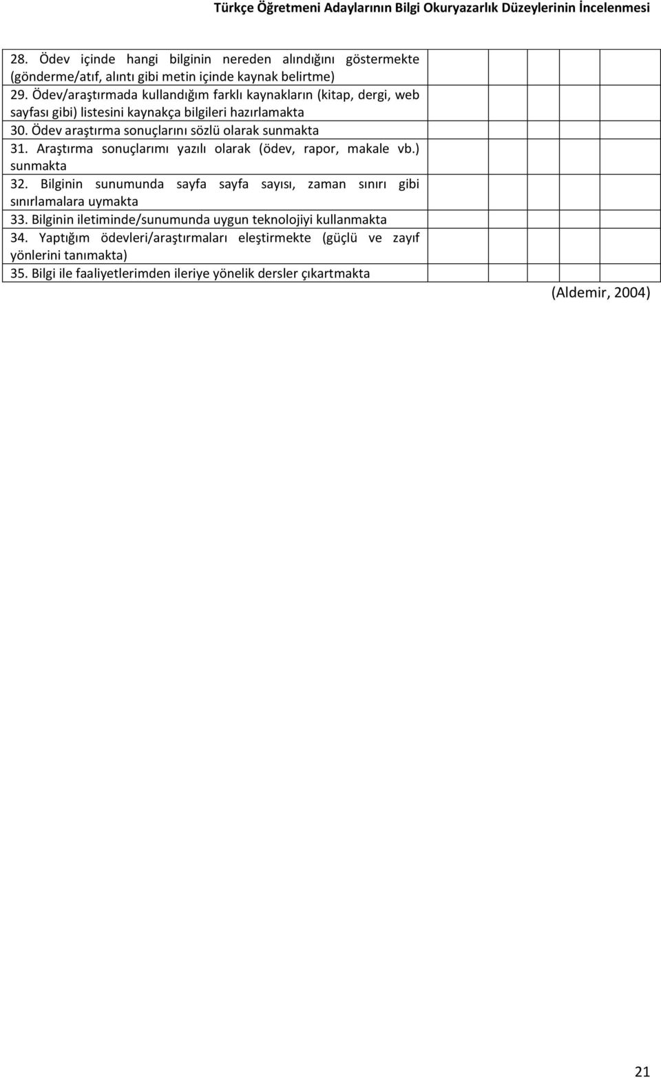 Ödev/araştırmada kullandığım farklı kaynakların (kitap, dergi, web sayfası gibi) listesini kaynakça bilgileri hazırlamakta 30. Ödev araştırma sonuçlarını sözlü olarak sunmakta 31.