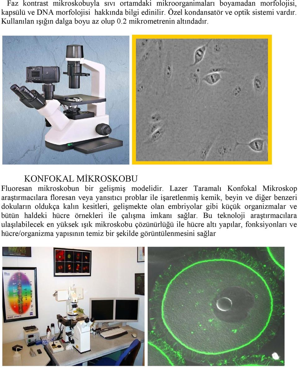 Lazer Taramalı Konfokal Mikroskop araştırmacılara floresan veya yansıtıcı problar ile işaretlenmiş kemik, beyin ve diğer benzeri dokuların oldukça kalın kesitleri, gelişmekte olan embriyolar