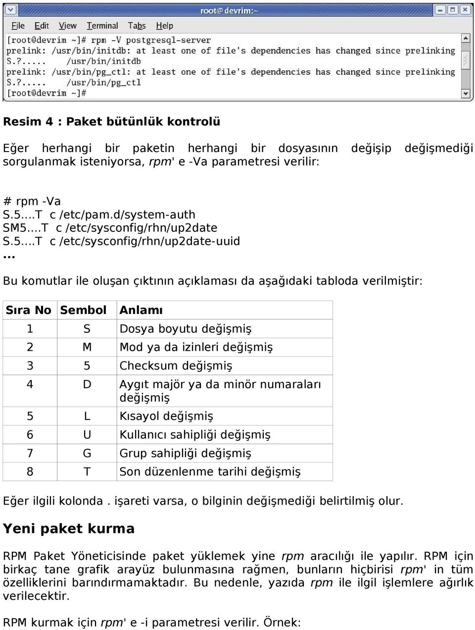 .. Bu komutlar ile oluşan çıktının açıklaması da aşağıdaki tabloda verilmiştir: Sıra No Sembol Anlamı 1 S Dosya boyutu değişmiş 2 M Mod ya da izinleri değişmiş 3 5 Checksum değişmiş 4 D Aygıt majör